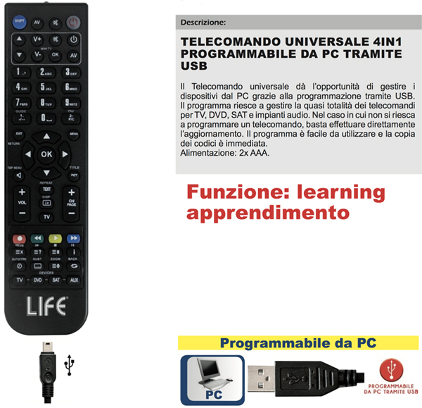 Evoltrade Srl - TELECOMANDO UNIVERSALE 4 IN 1 PROGRAMMABILE DA PC VIA USB +  FUNZIONE LEARNING